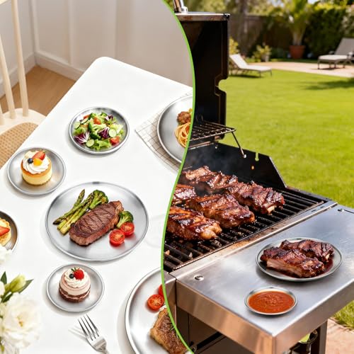 Metal Camping Plates, 4 Pack 9.1 inch Small 201 Stainless Steel Plates, Reusable Pizza Food Serving Snack Eating Salad Dishes Round Shatterproof Brushed Finish Silver Dish Oven Dishwasher Safe - size: 9.1"