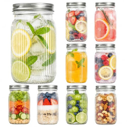 SUT Clear Wide Mouth Mason Jars 32 oz,9 Pack Quart Mason Jars With Airtight lids and Bands,Canning Jars 32 oz for Preserving,Meal Prep,Overnight Oats,Fermenting - color: Stripe