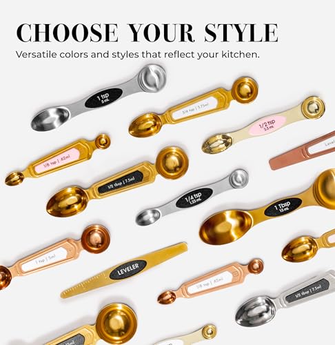 Pink Magnetic Measuring Spoons Set - 8-Piece Dual-Sided Stainless Steel Spoons, Stackable and Spice Jar Friendly – Stylish Pink Kitchen Accessories for Cooking and Baking - color: Pink & Champagne Gold