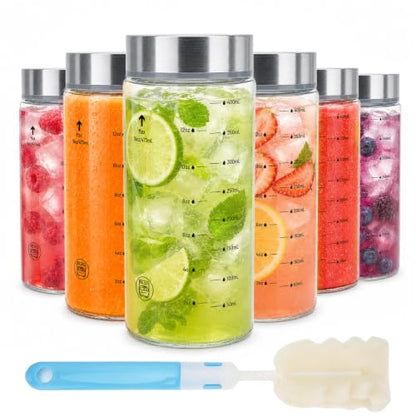16oz Reusable Glass Juice Bottles with Lids, Wide Mouth, BPA-Free | Leak-Proof Clear Water Bottle for Juicing, Smoothie, Meal Prep | Capacity Markings, Brush Included, Dishwasher Safe | 6pcs - color: Clear-6 Packs, size: 16 Ounces