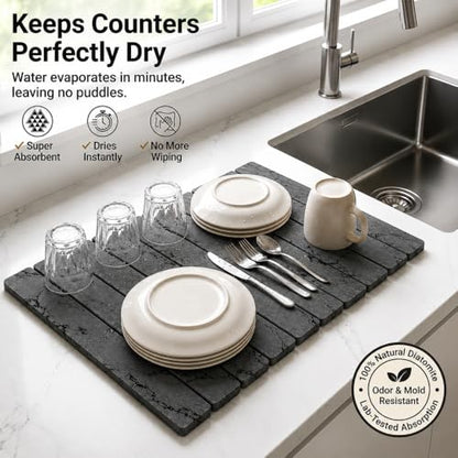 Stone Dish Drying Mat for Kitchen Counter Large Quick Dry Diatomaceous Earth Stone Drying Mat Foldable Water Absorbent Dish Drying Mat for Dishes Cups Bottles Kitchen Sink Countertop (Grey Marble) - color: Gray Marble