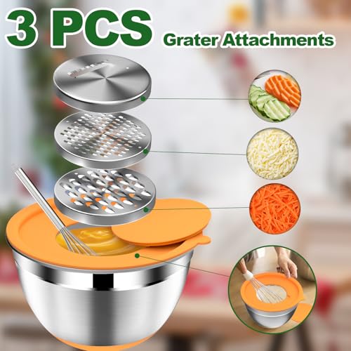 DUTZUN Mixing Bowls with Lids Set - 16pcs Stainless Steel Mixing Bowl Set with Colander, 3 Grater Attachments, Non-Slip Bottom, Metal Nesting Bowls with Strainer for Mixing & Serving - Multicolor - style: 16PCS Multicolor W Nonslip Silicone