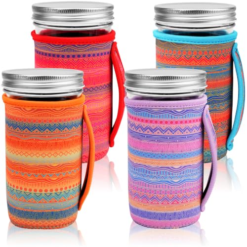 KJQJLY 4 Pcs Mason Jars Sleeves Neoprene 16oz and 24oz 32oz Regular and Wide Mouth Mason Jar Sleeves Holder with Handle (Desert Sunset, 24 OZ) - color: Desert Sunset, size: 24 OZ