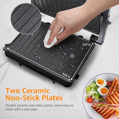 Panini Press Grill, Aigostar 1000W Sandwich Maker with Ceramic Non-stick Plates, Opens 180 Degrees for Any Size Food, 3-in-1 Sandwich Press Electric Grill, Drip Spout & Locking Lid, Sliver - color: Black
