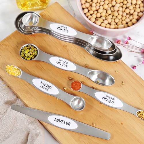18-Pc Magnetic Measuring Cups and Spoons Set, with Lid, White | Includes 1 cover, 9 stackable cups set & 8 magnetic spoons, BPA-free & dishwasher safe, for liquid and dry baking - color: 18 Piece - White