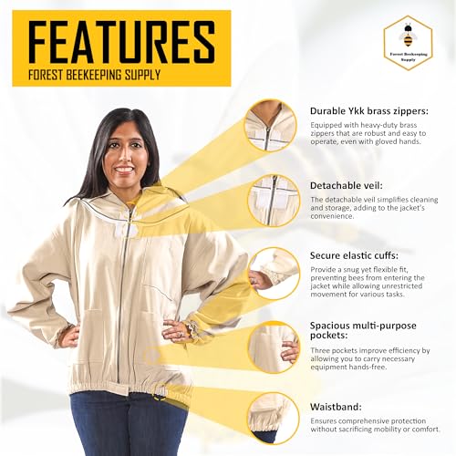 Bee Jacket with Veil - Natural Canvas Bee Suit Jacket with Elastic Waist & Cuffs, YKK Brass Zippers, 3 Utility Pockets. Removable Hood Interchangeable with Forest Beekeeping Suit.(Medium) - size: medium