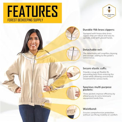 Bee Jacket with Veil - Natural Canvas Bee Suit Jacket with Elastic Waist & Cuffs, YKK Brass Zippers, 3 Utility Pockets. Removable Hood Interchangeable with Forest Beekeeping Suit. (2XL) - size: 2XL