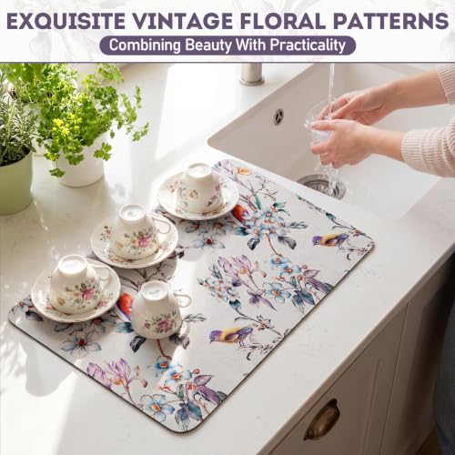 LemonRoad Dish Drying Mat for Kitchen Counter, 12"x20" Absorbent Coffee Bar Mat with Flowers Birds Design, Fast-dry Diatomite Drainer Drying Mats with Non-slip Backing for Kitchen Sink Countertop - style: Flowers and Birds