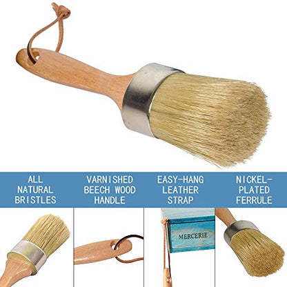 Chalk and Wax Paint Brush, Large 2-in-1 Round Natural Bristles Painting Tool for DIY Furniture, Stencils, Home Decor, Wood Projects, Wax Finishing