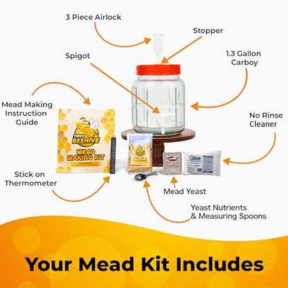 Mead Making Kit - 1.3 Gallon Complete Mead Kit with Wide Mouth Carboy & Spigot for Easy Bottling, Perfect for Beginners - Just Add Local Honey for Mead Making & Flavor Experiments