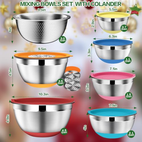 DUTZUN Mixing Bowls with Lids Set - 16pcs Stainless Steel Mixing Bowl Set with Colander, 3 Grater Attachments, Non-Slip Bottom, Metal Nesting Bowls with Strainer for Mixing & Serving - Multicolor - style: 16PCS Multicolor W Nonslip Silicone