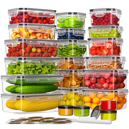 KEMETHY 44-Piece Food Storage Containers with Lids(22 Containers & 22 Lids), Plastic Food Containers for Pantry & Kitchen Storage and Organization, BPA-Free, Leak Proof, Reusable with Labels & Pen - color: 44 Piece