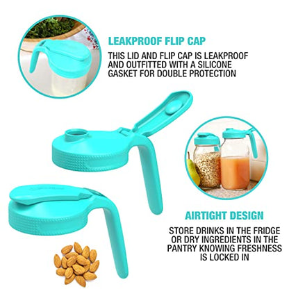Masontops Multi Pour Top Mason Jar Lid with Handle - Regular Mouth Mason Jar Pour Spout Lid Pourer - Ball Mason Jar Pitcher Lid with Handle and Flip Cap – Glass Mason Jar Pitcher Not included 2 Pack - color: Teal Pitcher, size: Small/Regular Mouth