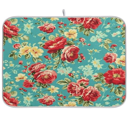 Kcldeci Dish Drying Mat Kitchen Drying Pad Pink Red Rose Flower Dish Draining Mat Dish Rack Drainer Pad 18 x 24 - color: Rose, size: 18x24in