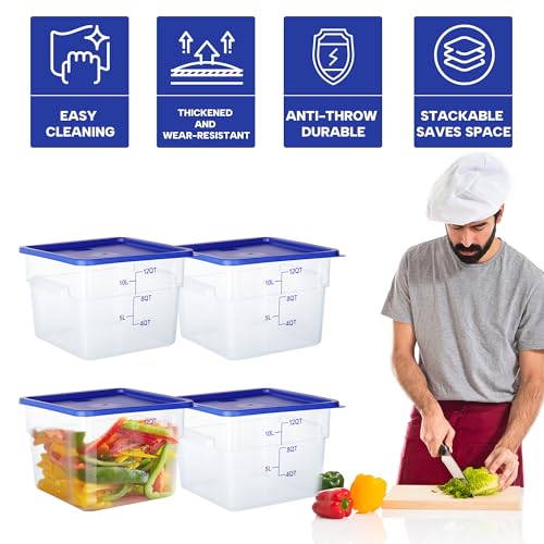 BIEAMA 4 Pack Food Storage Containers, 12 Quart with Lids, Square Commercial Containers with Scale, NSF, Polycarbonate, Clear - color: 12Qt-4 Pack(Blue Lids)