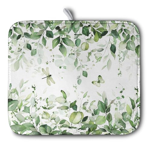 Sage Green Dish Drying Mat for Kitchen Counter Eucalyptus Leaves Plant Dishes Drying Mats Absorbent Microfiber Dish Drainer Mat Spring Summer Dish Drying Pad Medium Kitchen Accessories 16"x18" - color: Eucalyptus Leaves, size: 16" x 18"