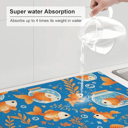 Cute Fish Fishbowl Leaf Dish Drying Mat for Kitchen Counter Microfiber Absorbent Reusable Washable 18x24in - color: Cute Fish Fishbowl Leaf