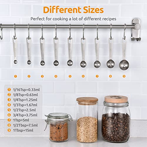 Measuring Spoons: U-Taste 18/8 Stainless Steel Measuring Spoons Set of 9 Piece: 1/16 TSP, 1/8 TSP, 1/4 TSP, 1/3 TSP, 1/2 TSP, 3/4 TSP, 1 TSP, 1/2 tbsp & 1 tbsp Dry and Liquid Ingredients - size: XL-9 pcs