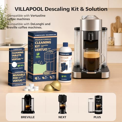 Descaling Kit Compatible with Nespresso Vertuo, 12 Month Supply-Includes 1 Bottle of Descaling Solution, 12 Cleaning Tablets & 2 Reusable Pods, Cleans Pod Area & Limescale, for Vertuoline
