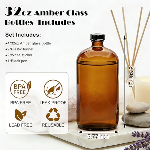 Maredash 32 oz Amber Glass Bottles – 4-Pack,Brown Glass Bottles, 2 Funnels, 8 Labels & Pen – Reusable Containers for Essential Oils, DIY Cleaning, Beer, Kombucha Storage