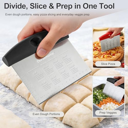 Ourokhome 2 Pack Bench Scraper Dough Cutter, Stainless Steel Dough Scraper with Laser-Etched Scale, Conversion Chart, Non-Slip Handle, Dishwasher Safe for Bread & Pastry, Black and Red - color: Red and black