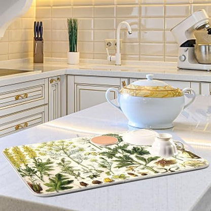 Kcldeci A Sheet Of Antique Botanical Dish Drying Mat Kitchen Drying Pad Dish Draining Mat Dish Rack Drainer Pad 16 x 18 - color: Botanical, size: 16x18in