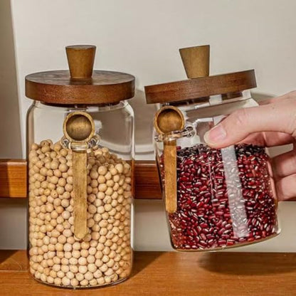 ANSQU Glass Jars with Wooden Lids and Spoons (13.5oz/20.3oz/27oz), Set of 3 Glass Food Storage Containers Coffee Jar Coffee Grounds Container, Glass Food Storage Canisters - size: 13.5oz/20.3oz/27oz-3pack (φ3.54")