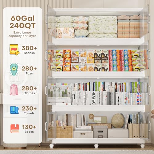 240Gal Extra Large Stackable Storage Bins with Lid (4‑Pack), 960QT Collapsible Organizer with Clear Magnetic Doors & Wheels, Plastic Cabinet for Bedroom, Garage, Dorm, Closet, Kitchen - size: 240QT-4Pack