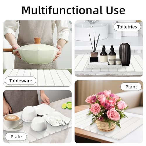 Stone Dish Drying Mat, 24"(L)×16"(W) - Fast-Drying, Collapsible Kitchen Counter Mat for Dishes, Cups & Bottles with Sanding Tool + Placemat, White