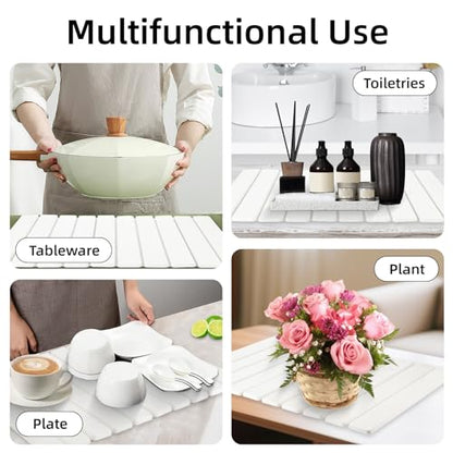 Stone Dish Drying Mat, 24"(L)×16"(W) - Fast-Drying, Collapsible Kitchen Counter Mat for Dishes, Cups & Bottles with Sanding Tool + Placemat, White