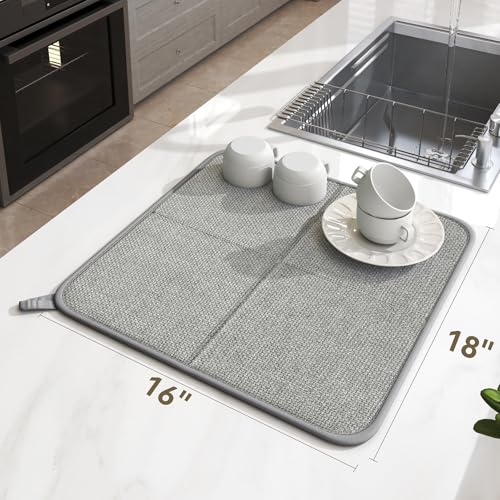 YDKGL Dish Drying Mat for Kitchen Counter, Ultra Absorbent & Fast Drying Dish Mat Machine Washable Foldable Drying Pad for Countertops, Sinks, Draining Racks, Grey - size: 16" x 18"