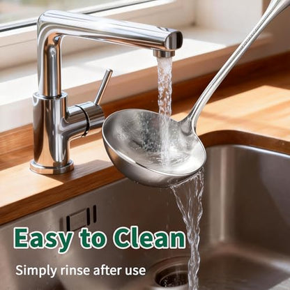 Newness Soup Ladle and Solid Turner, Pure Titanium Soup Spoon and Turner | [Rustproof, Heat Resistance] Resilient, with Long Ergonomic Natural Wooden Round Handle, Non-Toxic Cooking Spoon for Kitchen - size: Soup Ladle and Solid Turner