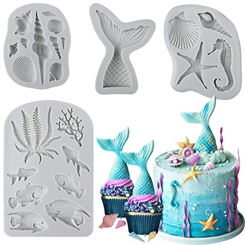 Sakolla 4 Pcs Marine Theme Silicone Fondant Molds, Mermaid Tail Seashell Conch Starfish Shape Silicone Molds for Cake Decoration, Chocolate, clay, Crafting - color: Marine Theme 4 Pcs/Grey