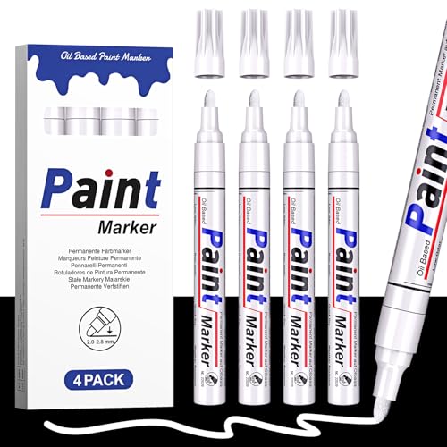 DAPAWIN White Paint Pen Permanent Marker Waterproof 4 Pack Outdoor Pens markers for Metal,Rocks,Wood,Plastic,Tire,Glass,Fabric,Medium Tip,Oil Based Paint Markers White Markers Permanent - color: White