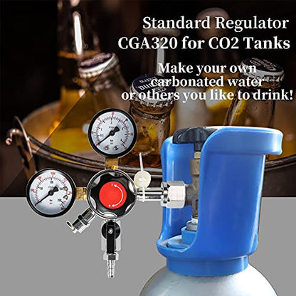 Beer Keg CO2 Regulator CGA320 -Brand LUCKEG Kegerator Regulator with Safety Pressure Relief Valve, Include 5ft Red Gas Line and Worm Clamps for Home Brewing Keg Kegging