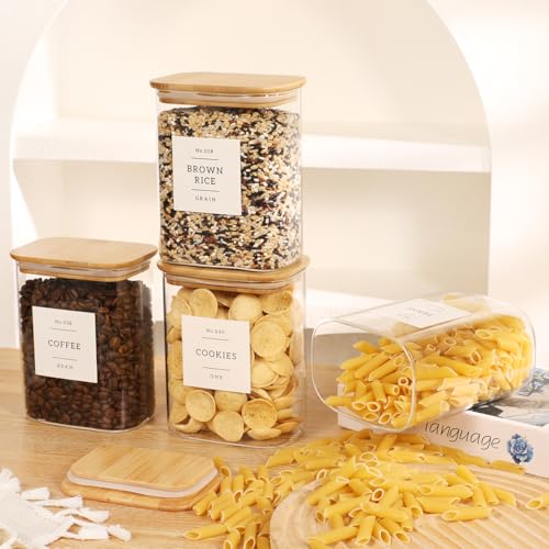 4 Pack Square Glass Pantry Storage Containers with 132 Kitchen Food Pantry Labels - 34 floz Clear Glass Pantry Jars with Airtight Wood Bamboo Lids - Glass Canisters for Tea, Cereal, Coffee, Spice - size: 34oz-4pack