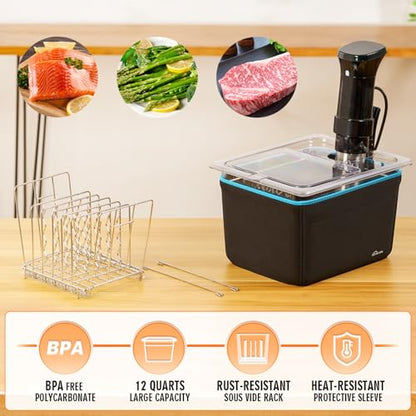 HOMENOTE Sous Vide Container 12 Quart with Universal Collapsible Hinged Lid,Complete Sous Vide Accessories Kit BPA Free,Compatible with Anova and Most Sous Vide Cookers（With Rack and Sleeve） - color: Container - with sous vide rack and sleeve