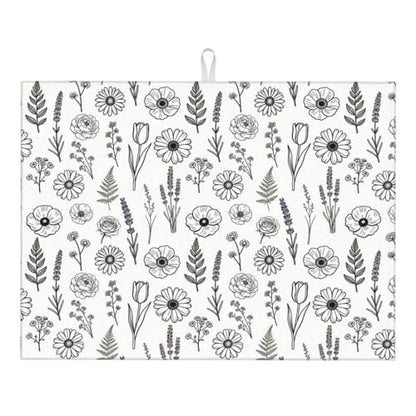 Black and White Floral Aesthetics Dish Drying Mat, for Kitchen Counter Microfiber Absorbent, Dish Draining Mat Extra Large 18"x24" - color: Black/White
