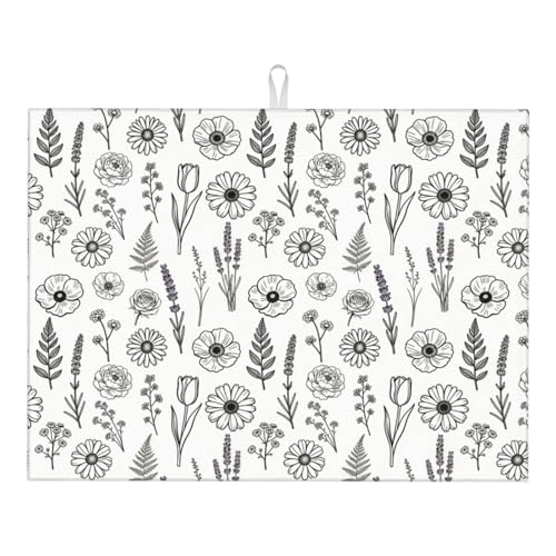 Black and White Floral Aesthetics Dish Drying Mat, for Kitchen Counter Microfiber Absorbent, Dish Draining Mat Extra Large 18"x24" - color: Black/White