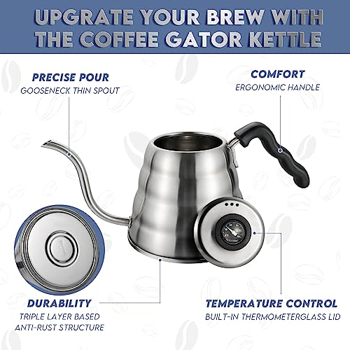Stainless Steel Gooseneck Kettle Compatible with all Stoves, 1.2L/40oz Pour Over Coffee Maker with Built-in Thermometer for Precise Temperature Control and 40pcs Filter Papers