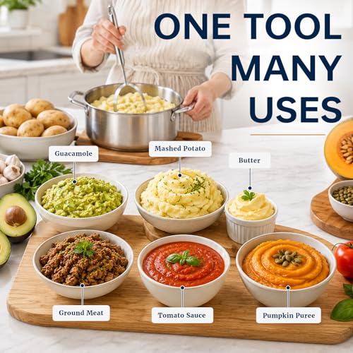 304 Stainless Steel Potato Masher – Heavy-Duty [Rustproof, Heat Resistance, Integral Forming] Dishwasher Safe Masher for Smooth & Fluffy Mashed Potatoes, Avocados – Sturdy, Durable Design - size: Potato Masher