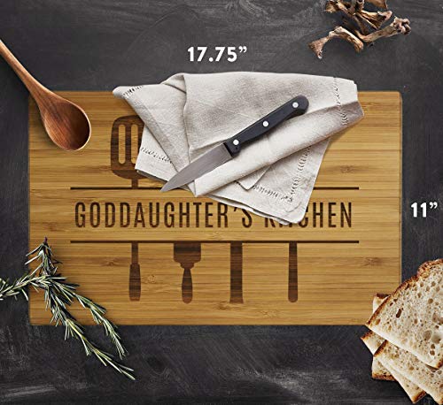 Andaz Press Large Bamboo Wood Cutting Board Gift, 17.75 x 11-inch, Goddaughter's Kitchen, Utensils Graphic, 1-Pack, Laser Engraved Serving Chopping Board Christmas Birthday Chef Kitchen Ideas - color: Goddaughter
