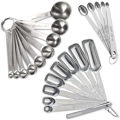 23 Pcs Stainless Steel Measuring Spoons Set with Leveler, Metal Round & Rectangular Spoons plus 5 Mini Teaspoons for Precise Cooking and Baking, Standard Sizes with Clear Engraved Markings - size: 23 Pcs