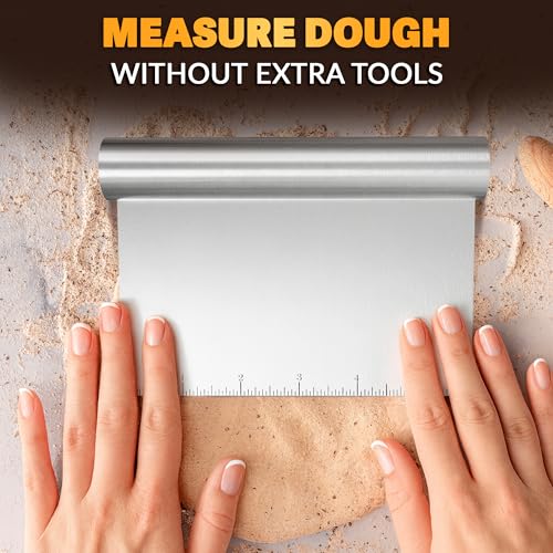 Stainless Steel Bench Scraper, 5.9 x 4.53 In, Measurement Marks | Pastry Scraper Tool with Ergonomic Handle, Resists Bending for Clean Cuts; Dough Cutter for Sourdough, Pizza and Cookie