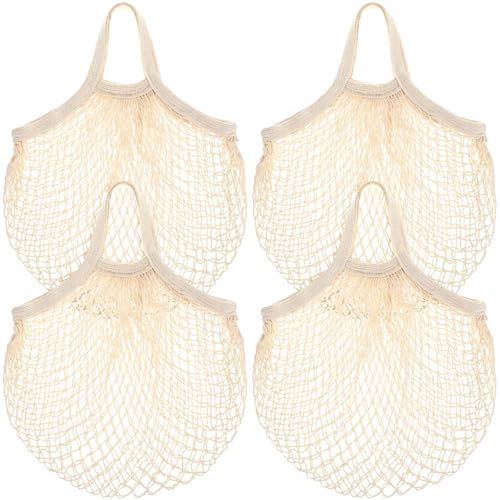 Paterr 4 Pack Cotton Mesh Produce Bags Bulk Reusable Market Bag Washable Net Grocery Purse String Shopping Tote Beach Organizer for Vegetable Fruit Picnic Food Storage (Short Handle,Beige) - size: Short Handle
