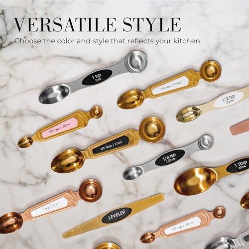 Stainless Steel Magnetic Measuring Spoons Set - 8-Piece Heavy Duty Metal, BPA-free, Stackable, Double Sided Measuring Spoons with Leveler for Dry and Liquid Ingredient - Fits in Spice Jars - color: Black & Silver
