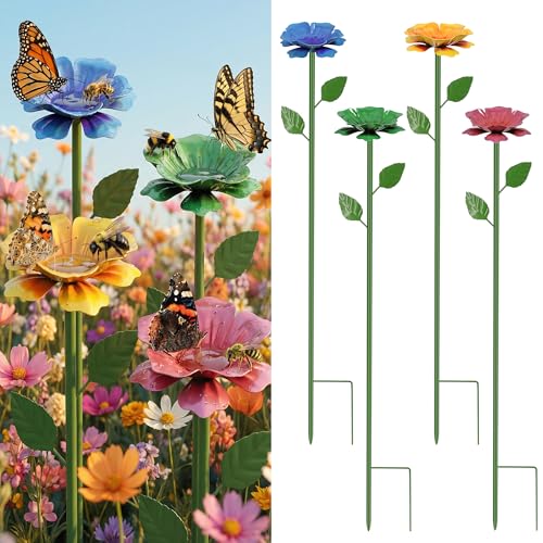 4 Pack Bee Watering Station for Garden with Beautiful Flower Design, Bee Feeders and Butterfly Feeders Combo, Outdoor Bee Baths and Bee Waterer, Gardening Essentials, Garden Decor for Outside