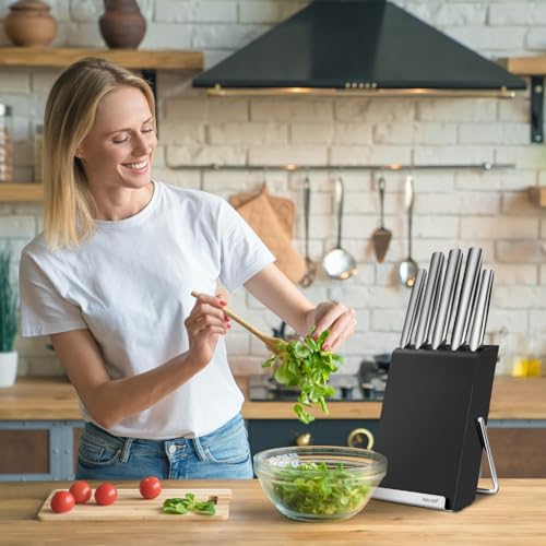 hecef 6-Piece High Carbon Stainless Steel Knife Set with Tablet & Recipe Holder, Hands-Free Adjustable Stand, Ergonomic Hollow Handles, Gift-Ready Block, Silver - style: 6 PCS