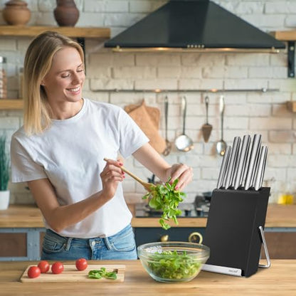 hecef 6-Piece High Carbon Stainless Steel Knife Set with Tablet & Recipe Holder, Hands-Free Adjustable Stand, Ergonomic Hollow Handles, Gift-Ready Block, Silver - style: 6 PCS