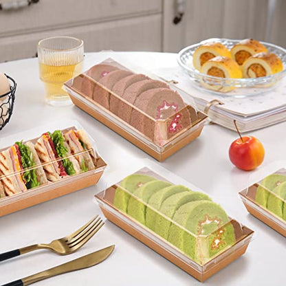 Dicunoy 100 Pack Disposable Sandwich Containers with Clear Lids, Paper Sushi To Go Containers, Rectangle Swiss Roll Cake Boxes for Craft Dessert, Waffle, Cookie, Breads, Pastry, Food Truck Business